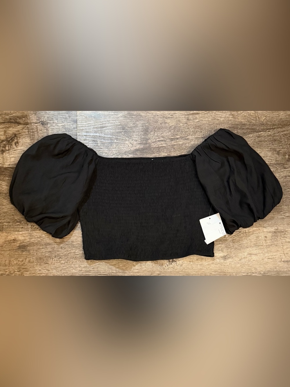 Black Puff-Sleeve Smocked Mini Skirt
